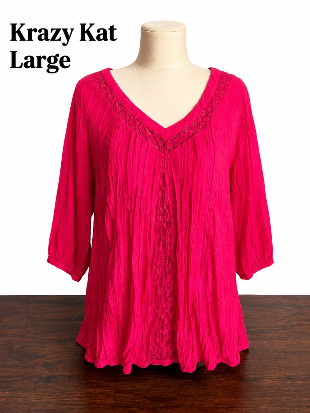 Krazy Kat Fuchsia Pink Boho Tunic Top Large Crinkle Gauze Lace Blouse NWOT